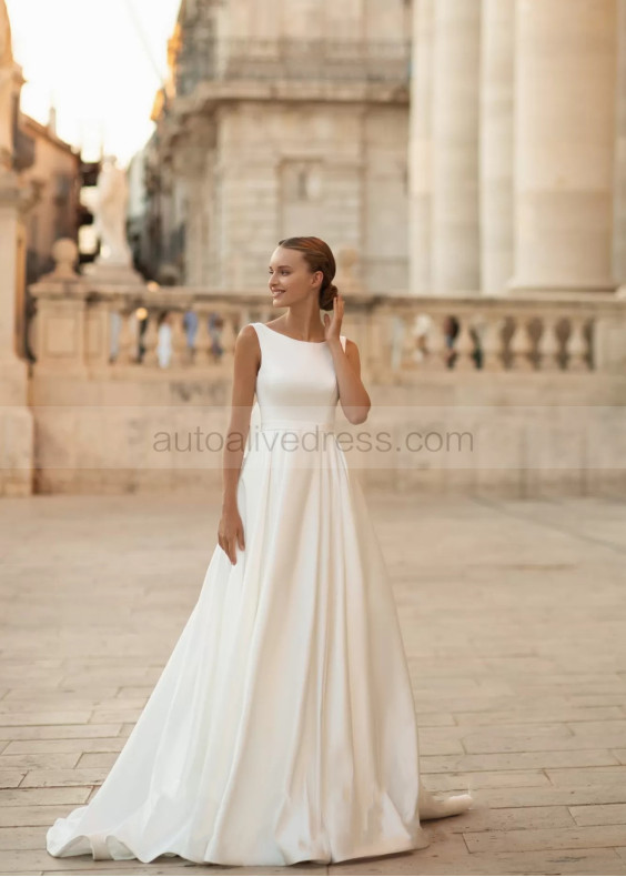 Ivory Satin V Back Minimalist Wedding Dress With Bow